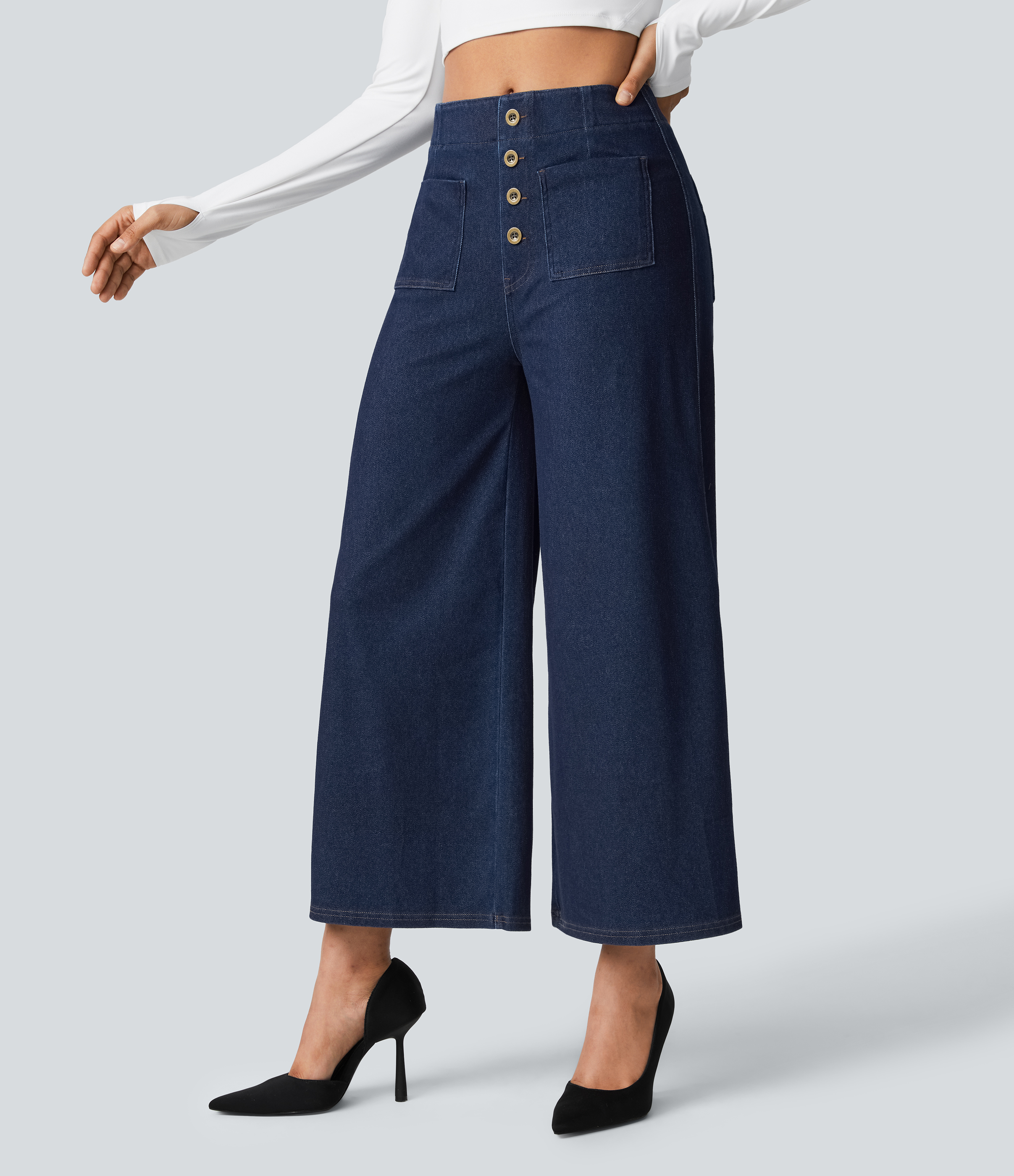 FlexHigh Waisted Pockets Washed Casual Wide Leg Jeans
