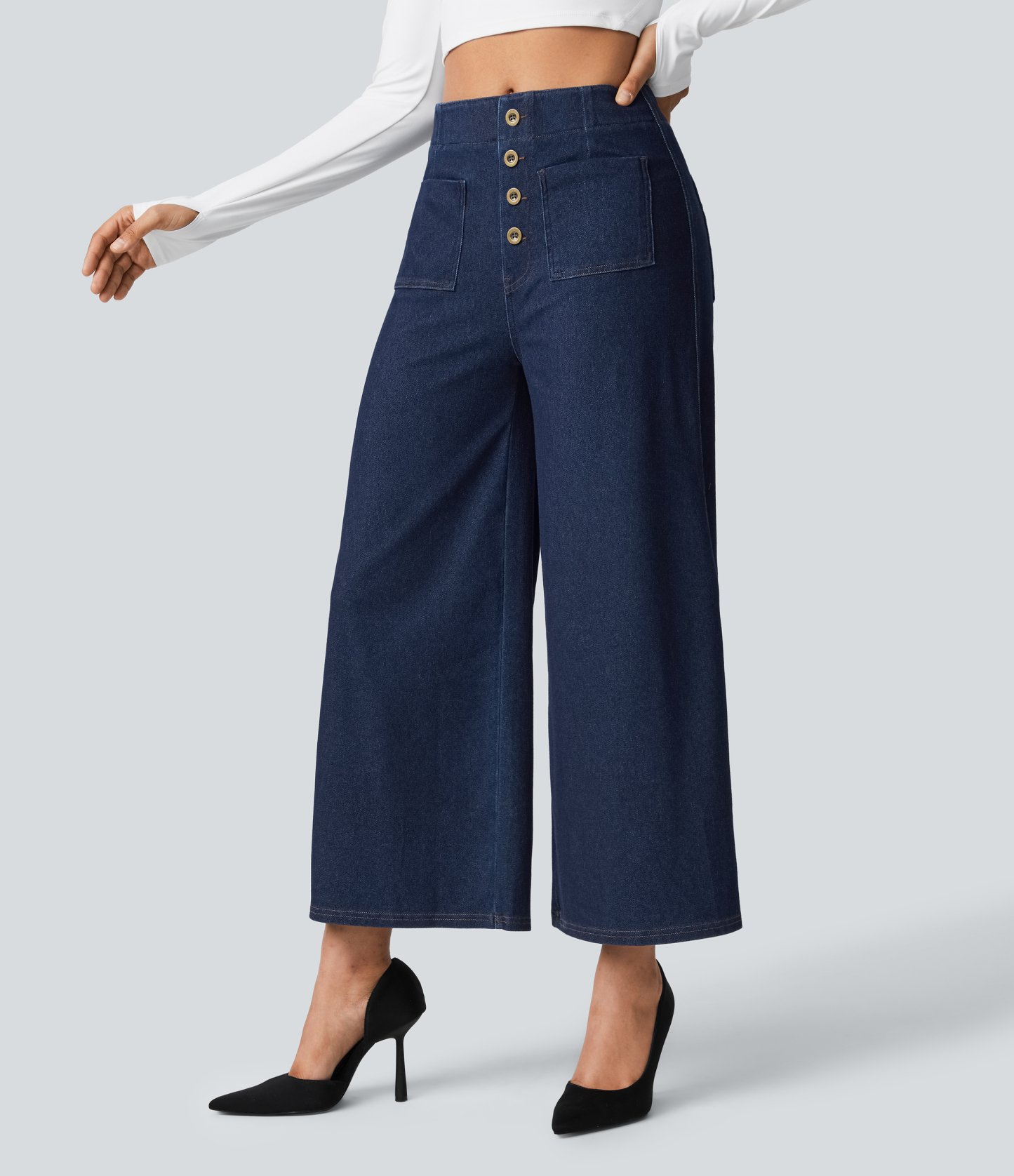 FlexHigh Waisted Pockets Washed Casual Wide Leg Jeans