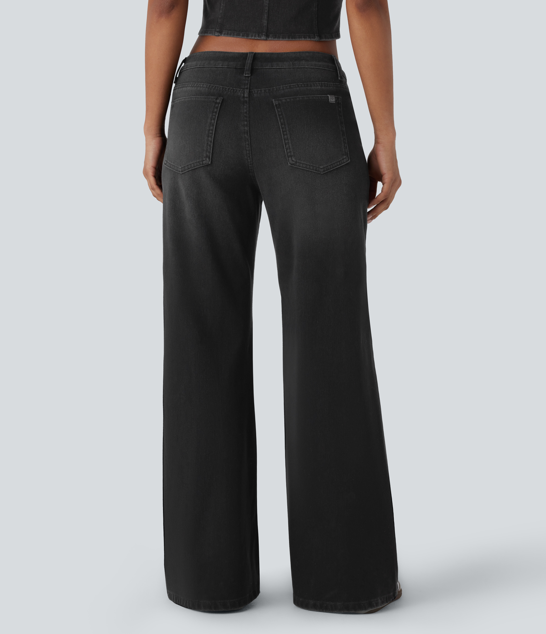 FlexLow Rise Zipper Pockets Baggy Wide Leg Flare Washed Casual Jeans