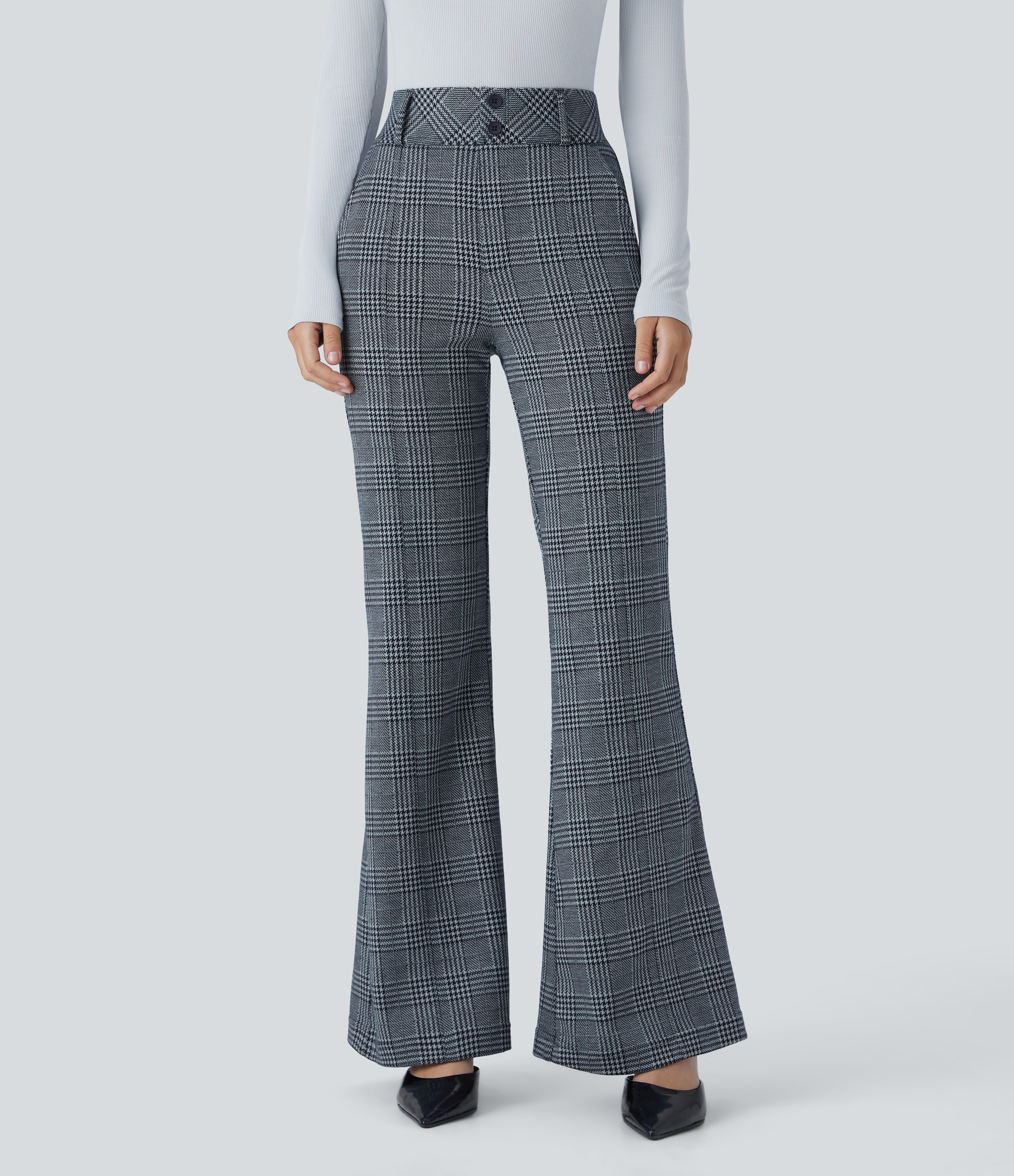 FlexHigh Waisted Decorative Pocket Houndstooth Plaid Work Flare Pants