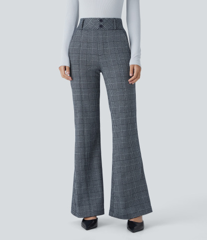 FlexHigh Waisted Decorative Pocket Houndstooth Plaid Work Flare Pants