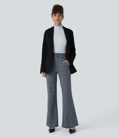 FlexHigh Waisted Decorative Pocket Houndstooth Plaid Work Flare Pants