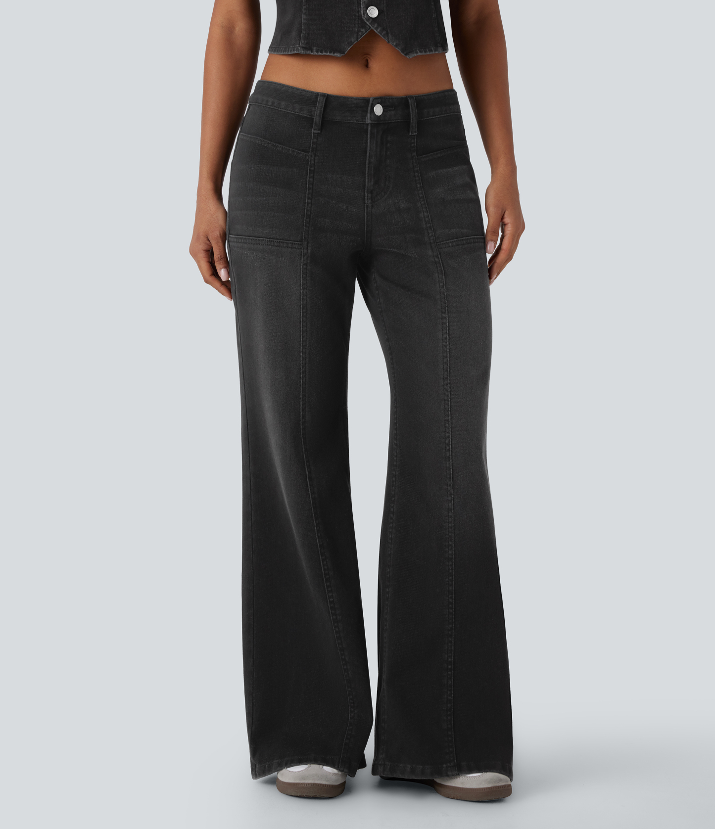 FlexLow Rise Zipper Pockets Baggy Wide Leg Flare Washed Casual Jeans