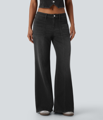 FlexLow Rise Zipper Pockets Baggy Wide Leg Flare Washed Casual Jeans