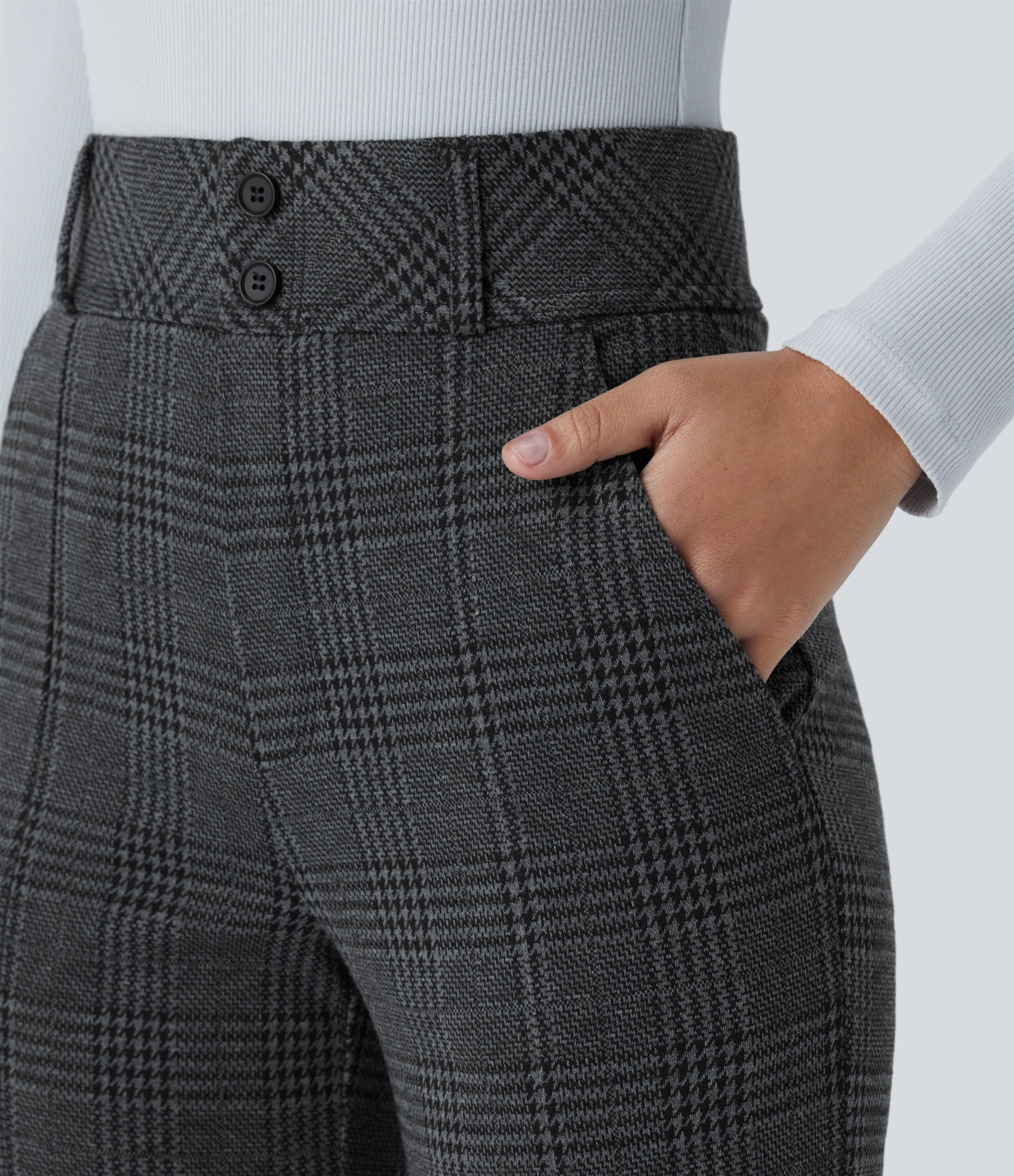 FlexHigh Waisted Decorative Pocket Houndstooth Plaid Work Flare Pants