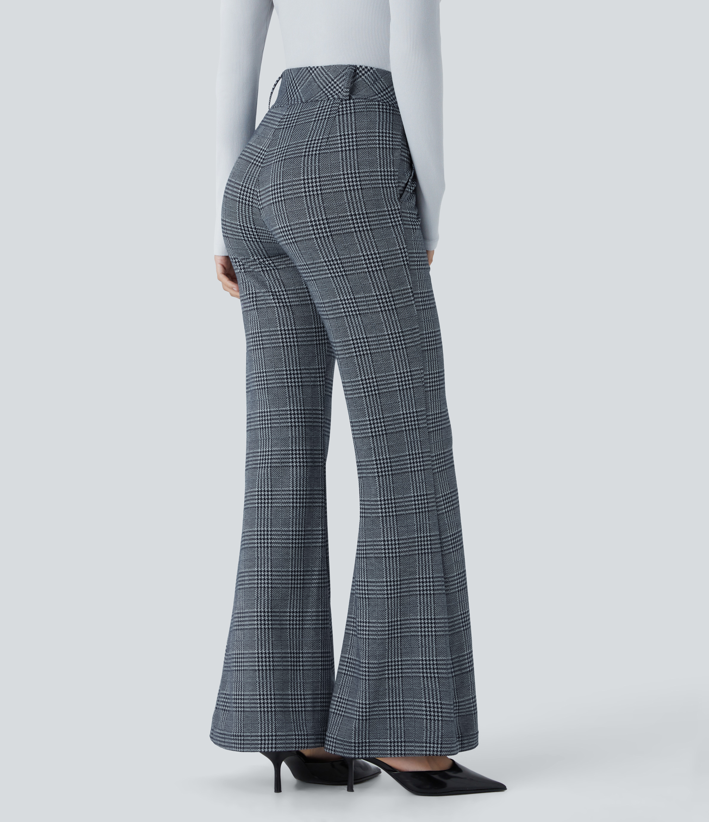 FlexHigh Waisted Decorative Pocket Houndstooth Plaid Work Flare Pants