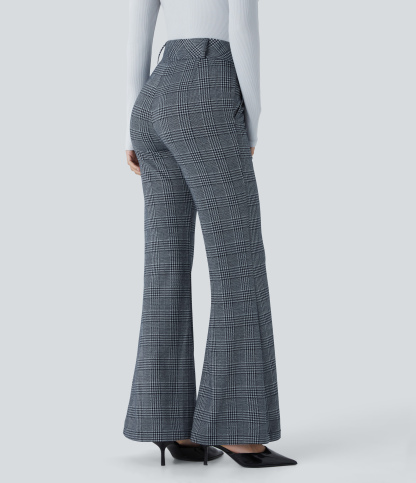 FlexHigh Waisted Decorative Pocket Houndstooth Plaid Work Flare Pants
