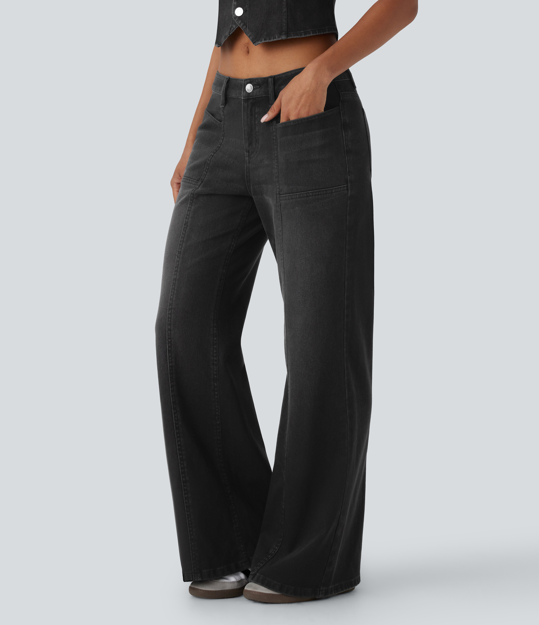 FlexLow Rise Zipper Pockets Baggy Wide Leg Flare Washed Casual Jeans