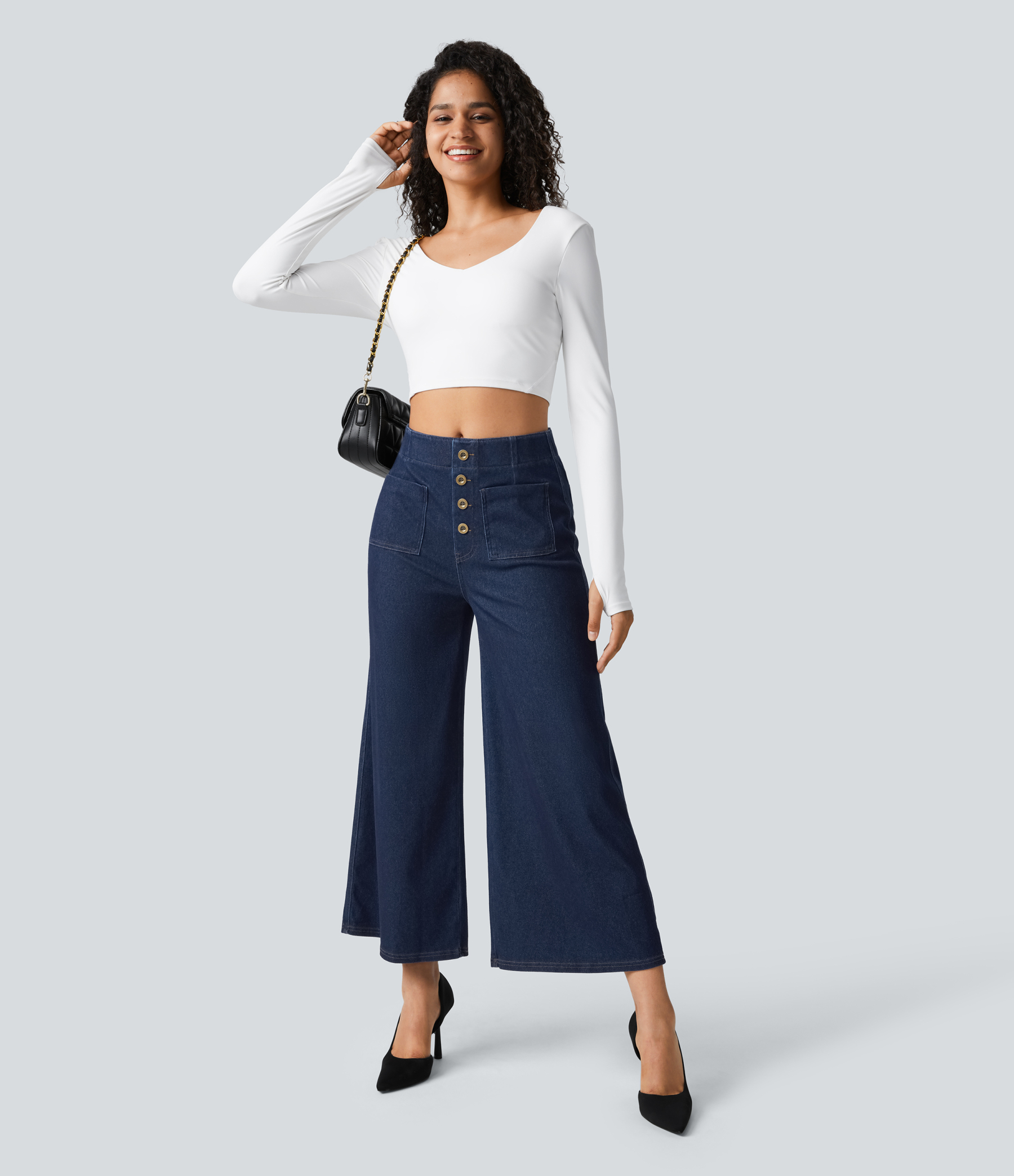 FlexHigh Waisted Pockets Washed Casual Wide Leg Jeans