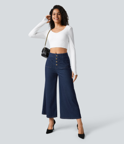 FlexHigh Waisted Pockets Washed Casual Wide Leg Jeans