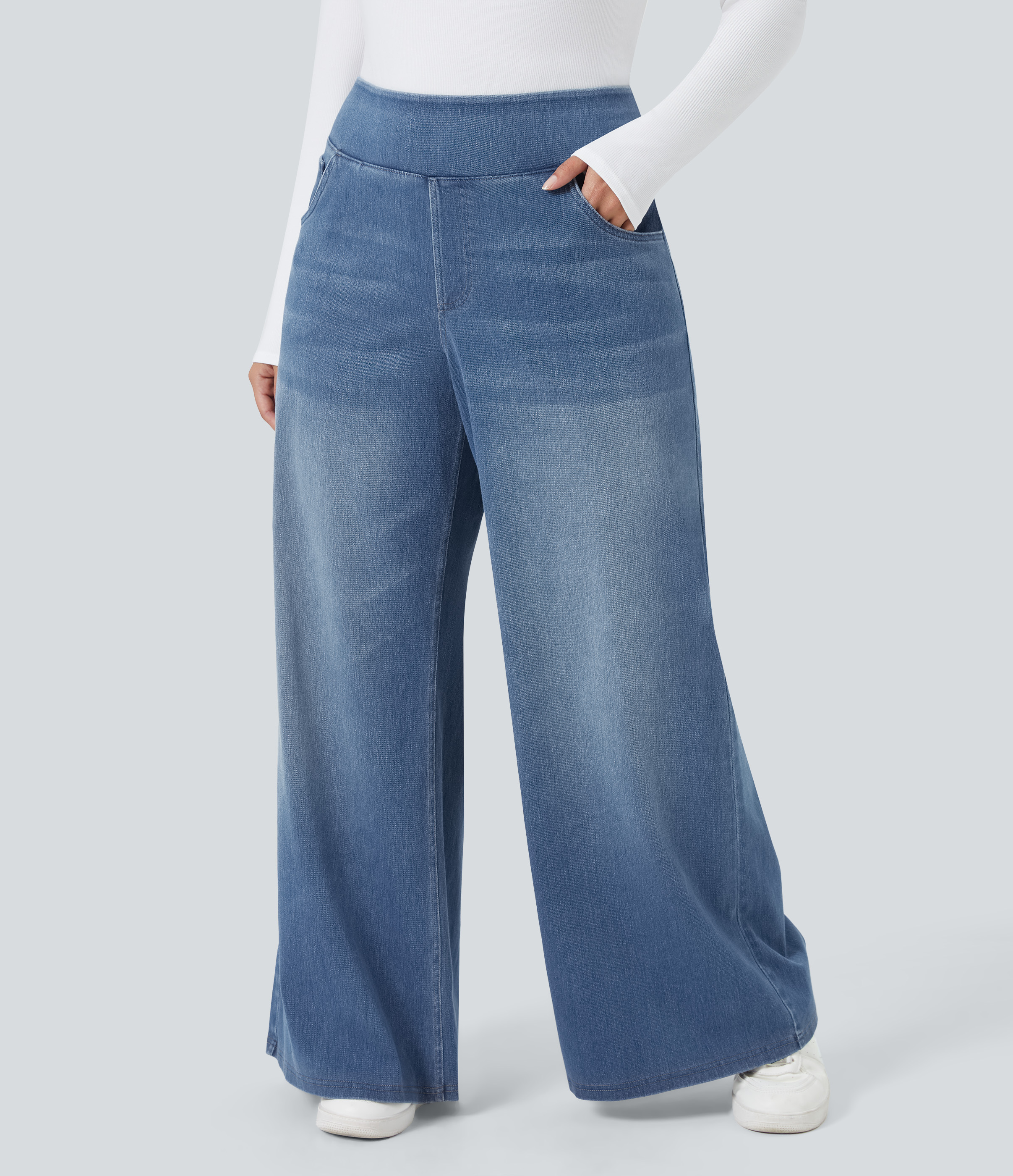FlexHigh Waisted Pockets Baggy Wide Leg Washed Casual Plus Size Jeans