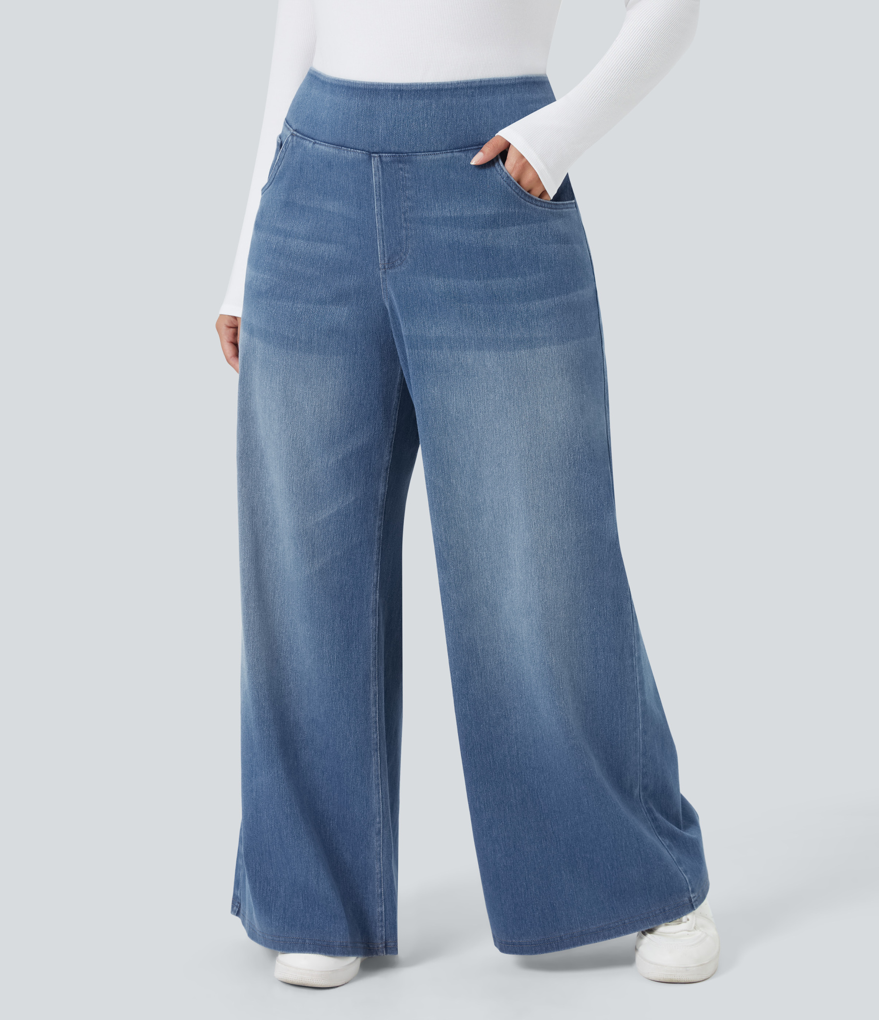 FlexHigh Waisted Pockets Baggy Wide Leg Washed Casual Plus Size Jeans