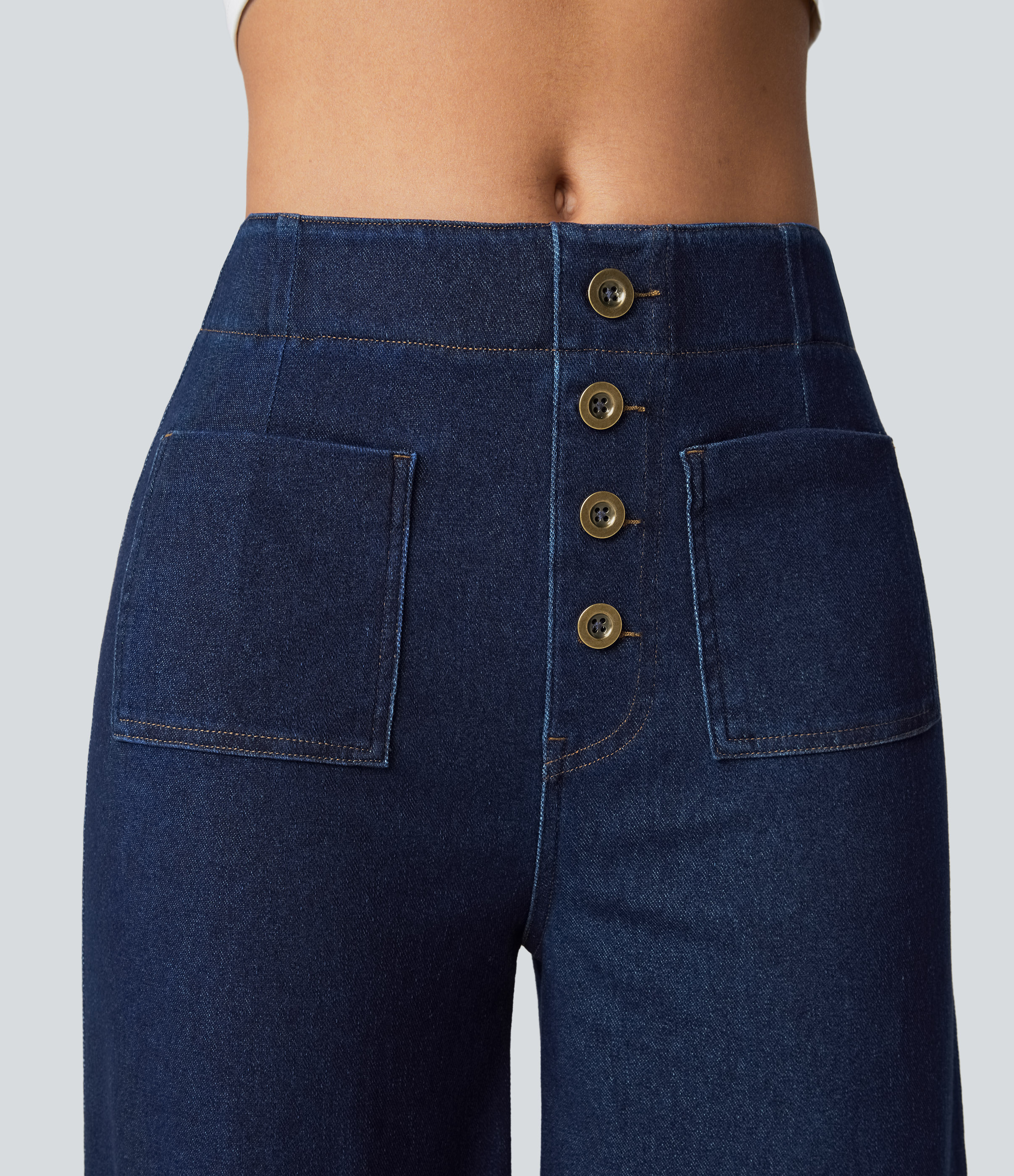FlexHigh Waisted Pockets Washed Casual Wide Leg Jeans