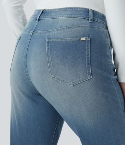 FlexHigh Waisted Pockets Straight Leg Washed Casual Plus Size Jeans