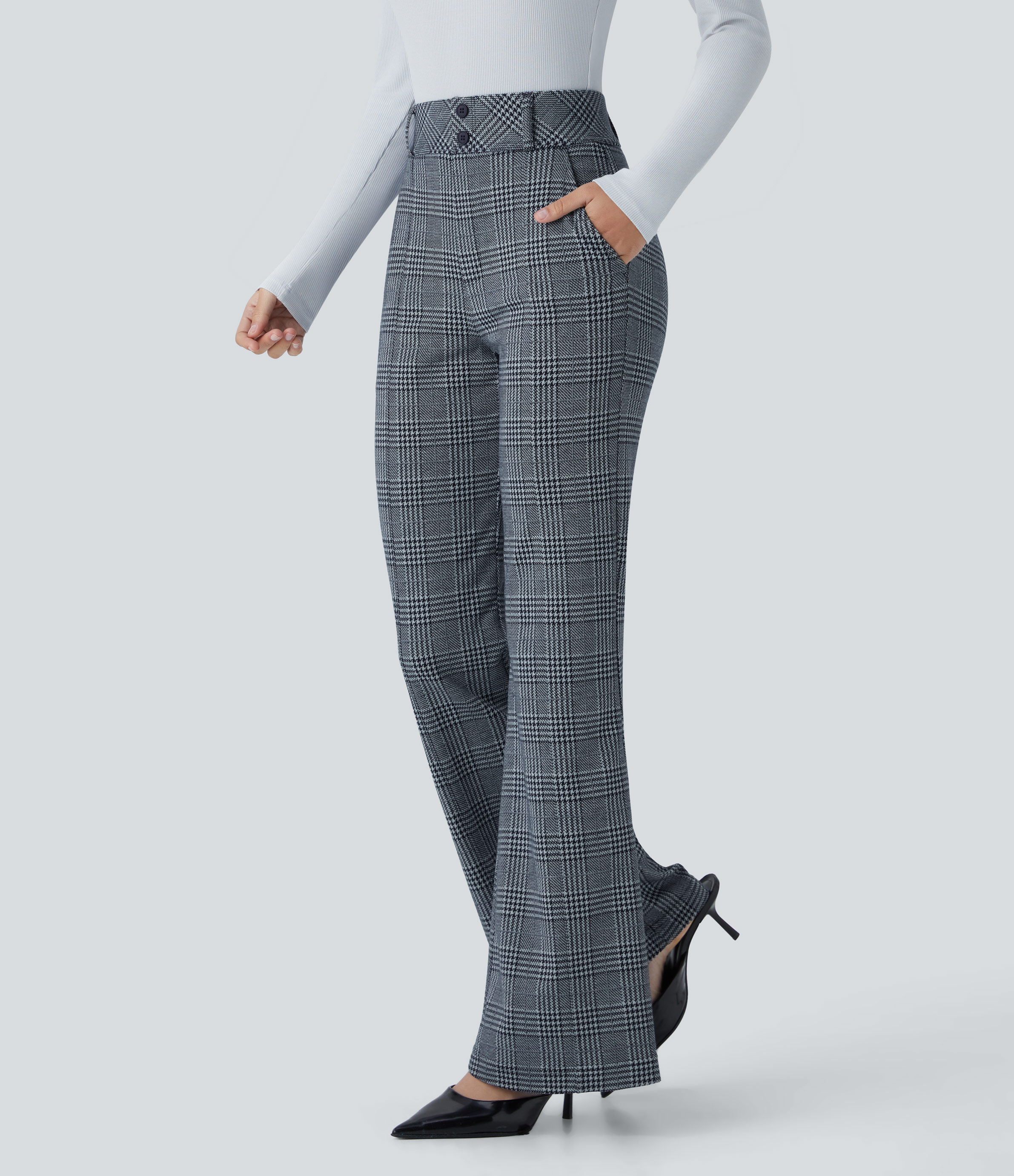 FlexHigh Waisted Decorative Pocket Houndstooth Plaid Work Flare Pants