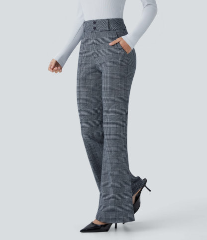 FlexHigh Waisted Decorative Pocket Houndstooth Plaid Work Flare Pants