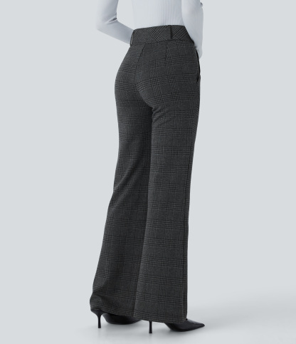 FlexHigh Waisted Decorative Pocket Houndstooth Plaid Work Flare Pants
