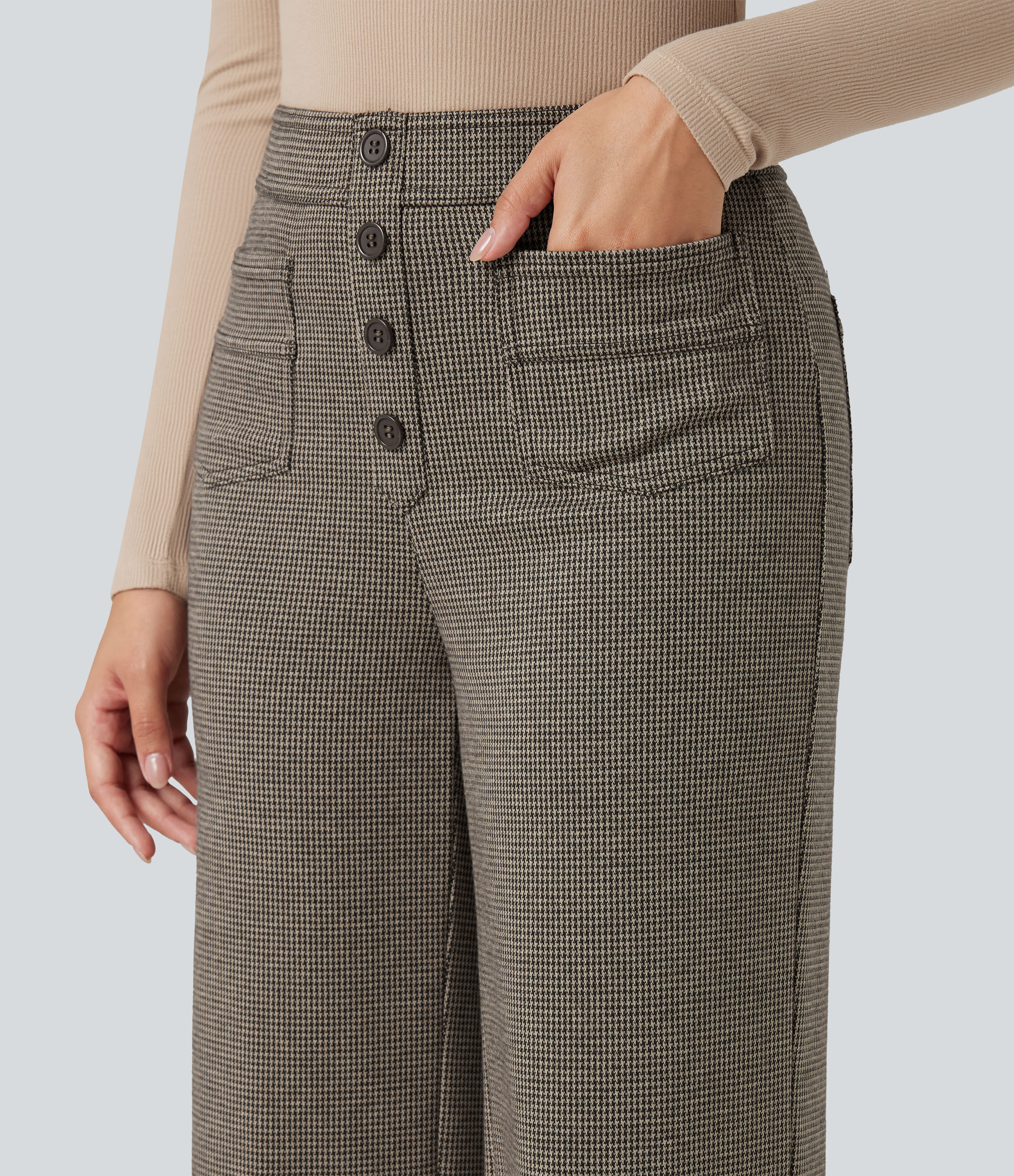 FlexHigh Waisted Houndstooth Straight Leg Work Pants with Pockets