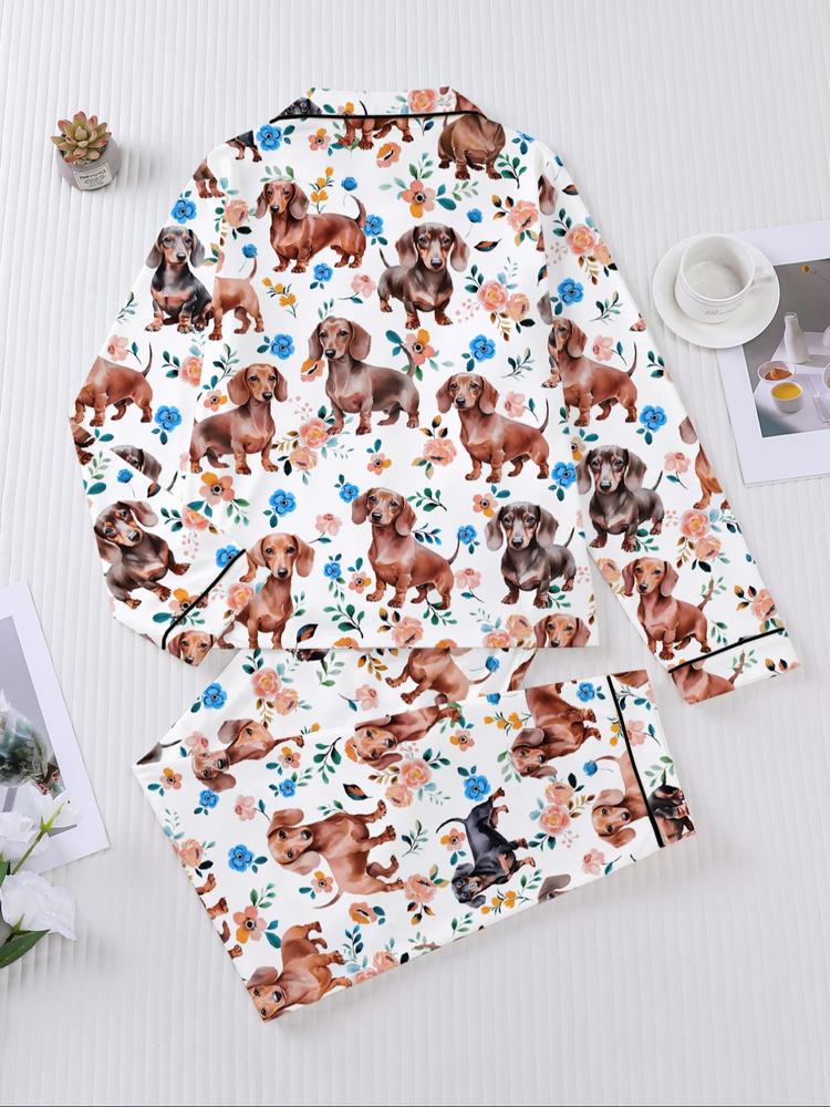 Women's Fall Winter Home Set, Cute Sausage Dog Print, Party Sleepwear, Buttoned Long Sleeve Top & Elastic Pants, Soft Stretch Fabric