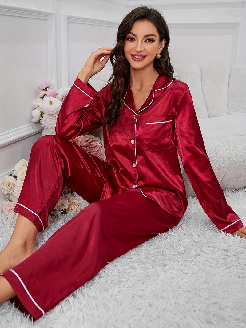Women'S Red Satin Pajama Set - Long Sleeve, Button-Up, Casual Style, Perfect for Fall/Winter, Cozy Home Wear, Cozy Home Wear | Satin Finish | Satin Fabric