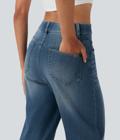 FlexHigh Waisted Pockets Straight Leg Washed Casual Jeans