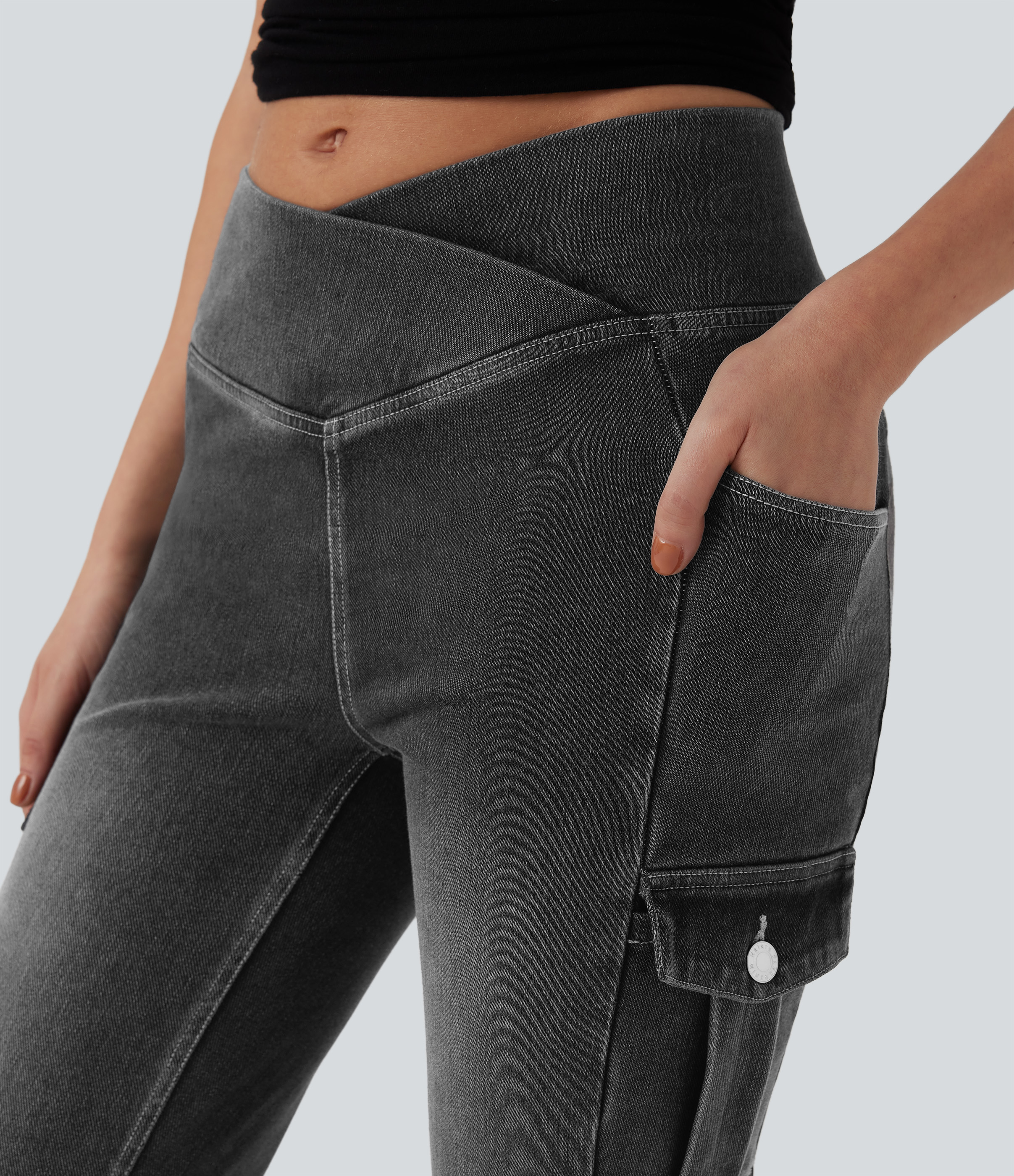 FlexMid Rise Crossover Denim Bootcut Casual Leggings with Pockets