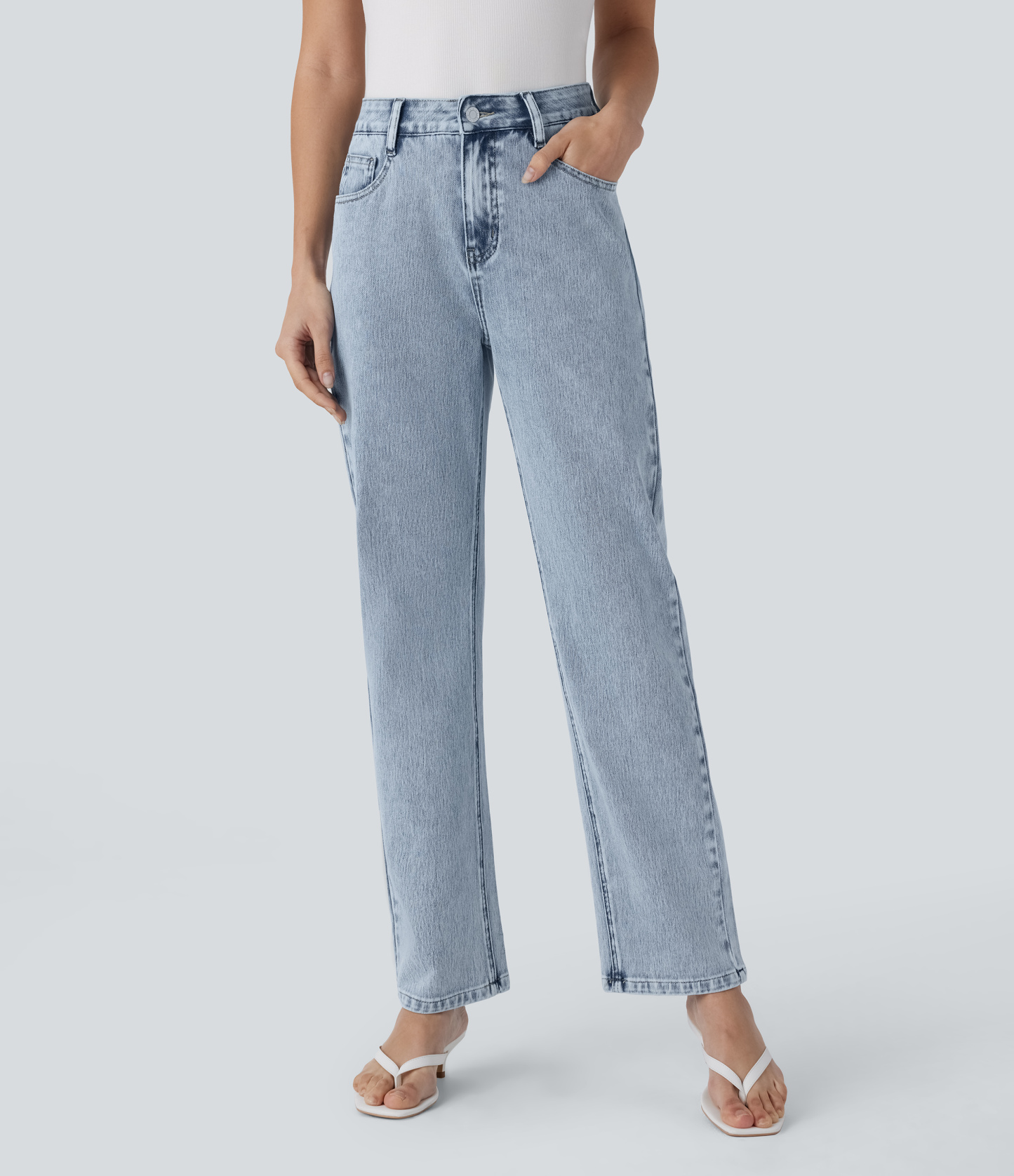 FlexHigh Waisted Zipper Pockets Straight Leg Casual Jeans