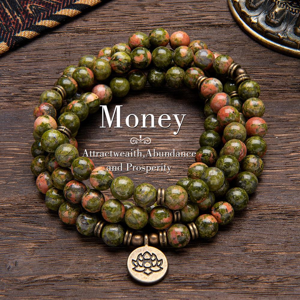 Unakite Healing Crystal Stone 108 Mala Beads Handmade Stacked Elastic Money Attraction Bracelet - Natural Stone Mindfulness Long Beaded Wrap  Genuine Gemstone Mala Prayer Beads Lotus Buddha Charm Yoga Japamala Jewelry Necklace , Elegant with Lotus Pendant