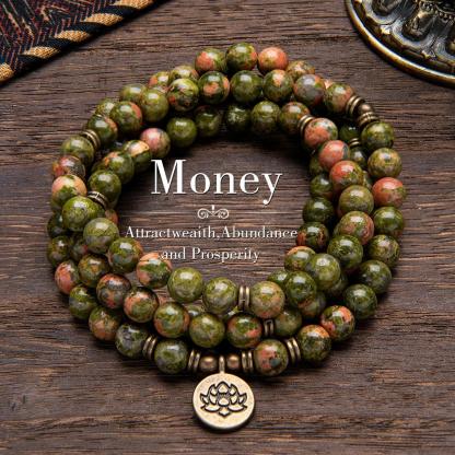 Unakite Healing Crystal Stone 108 Mala Beads Handmade Stacked Elastic Money Attraction Bracelet - Natural Stone Mindfulness Long Beaded Wrap  Genuine Gemstone Mala Prayer Beads Lotus Buddha Charm Yoga Japamala Jewelry Necklace , Elegant with Lotus Pendant