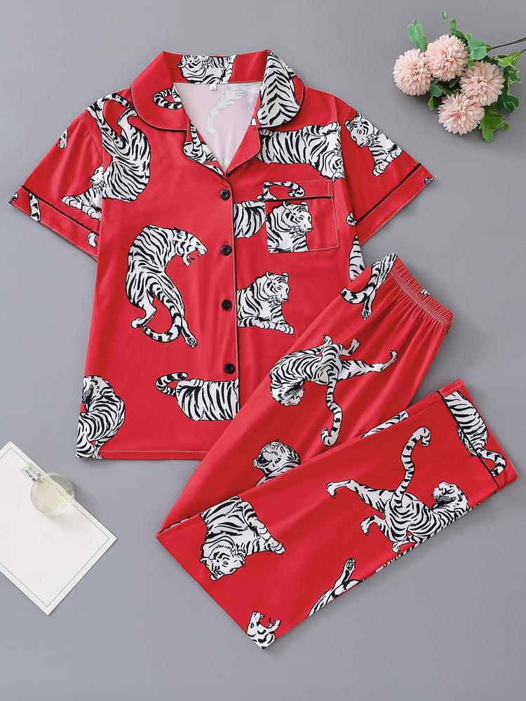 Women's Sleepwear Set, Tiger Animal Print, Elegant for Travel, Comfortable Lapel Short Sleeve Top & Wide Leg Pants, Casual Home Wear, Pajama Set