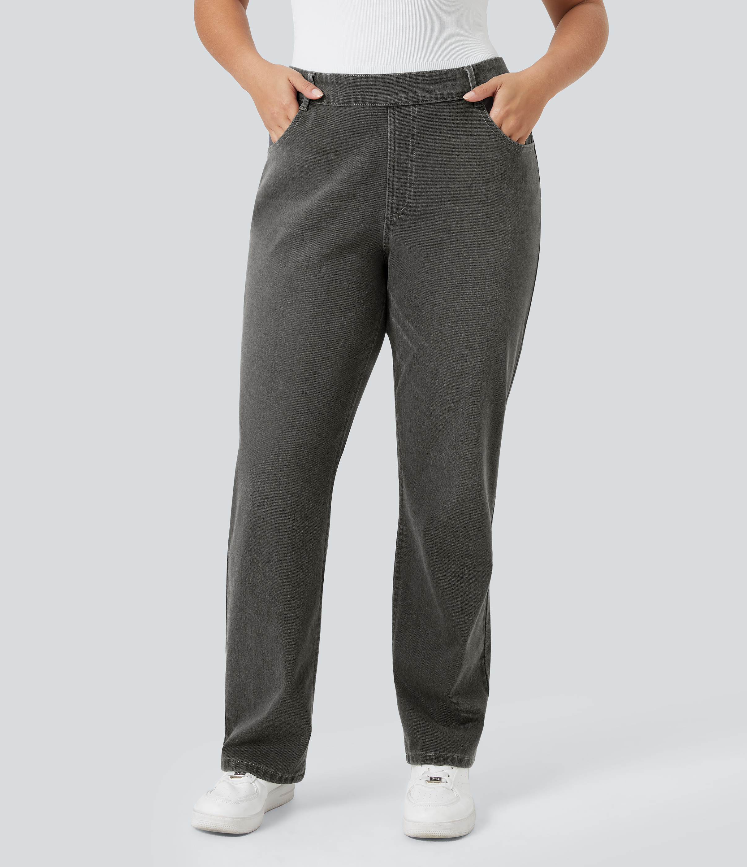 FlexHigh Waisted Pockets Straight Leg Washed Casual Plus Size Jeans