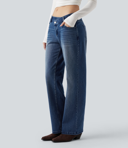 FlexAsymmetric Low Rise Straight Leg Casual Jeans with Pockets