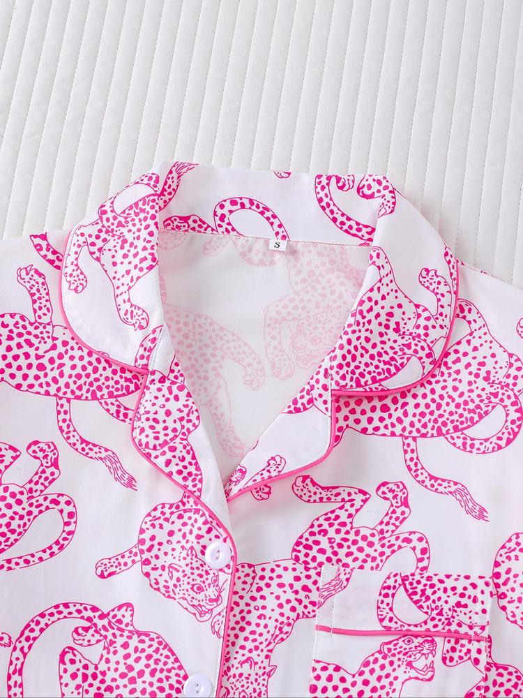 Women's Leopard Print Pajama Set, Casual Fall & Winter Sleepwear, Soft Long Sleeve Shirt and Elastic Pants, Comfortable Home Wear