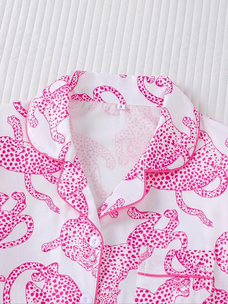 Women's Leopard Print Pajama Set, Casual Fall & Winter Sleepwear, Soft Long Sleeve Shirt and Elastic Pants, Comfortable Home Wear