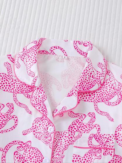 Women's Leopard Print Pajama Set, Casual Fall & Winter Sleepwear, Soft Long Sleeve Shirt and Elastic Pants, Comfortable Home Wear