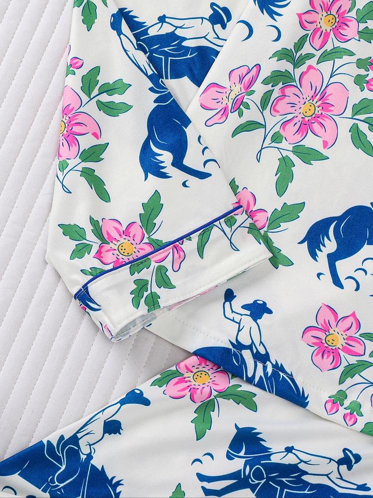 Women's Floral & Horse Print Pajama Set, Long Sleeve Button Front Top, Elastic Pants, Casual Fall Winter Sleepwear