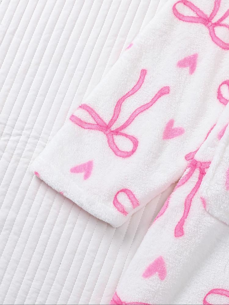 Women's Plush Flannel Robe, Butterfly Knot Print, Soft Comfortable Long Sleeve V Neck, Winter Fitted Home Wear, Holiday Party, Loungewear