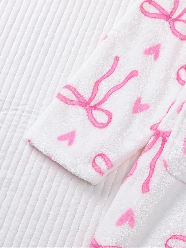 Women's Plush Flannel Robe, Butterfly Knot Print, Soft Comfortable Long Sleeve V Neck, Winter Fitted Home Wear, Holiday Party, Loungewear