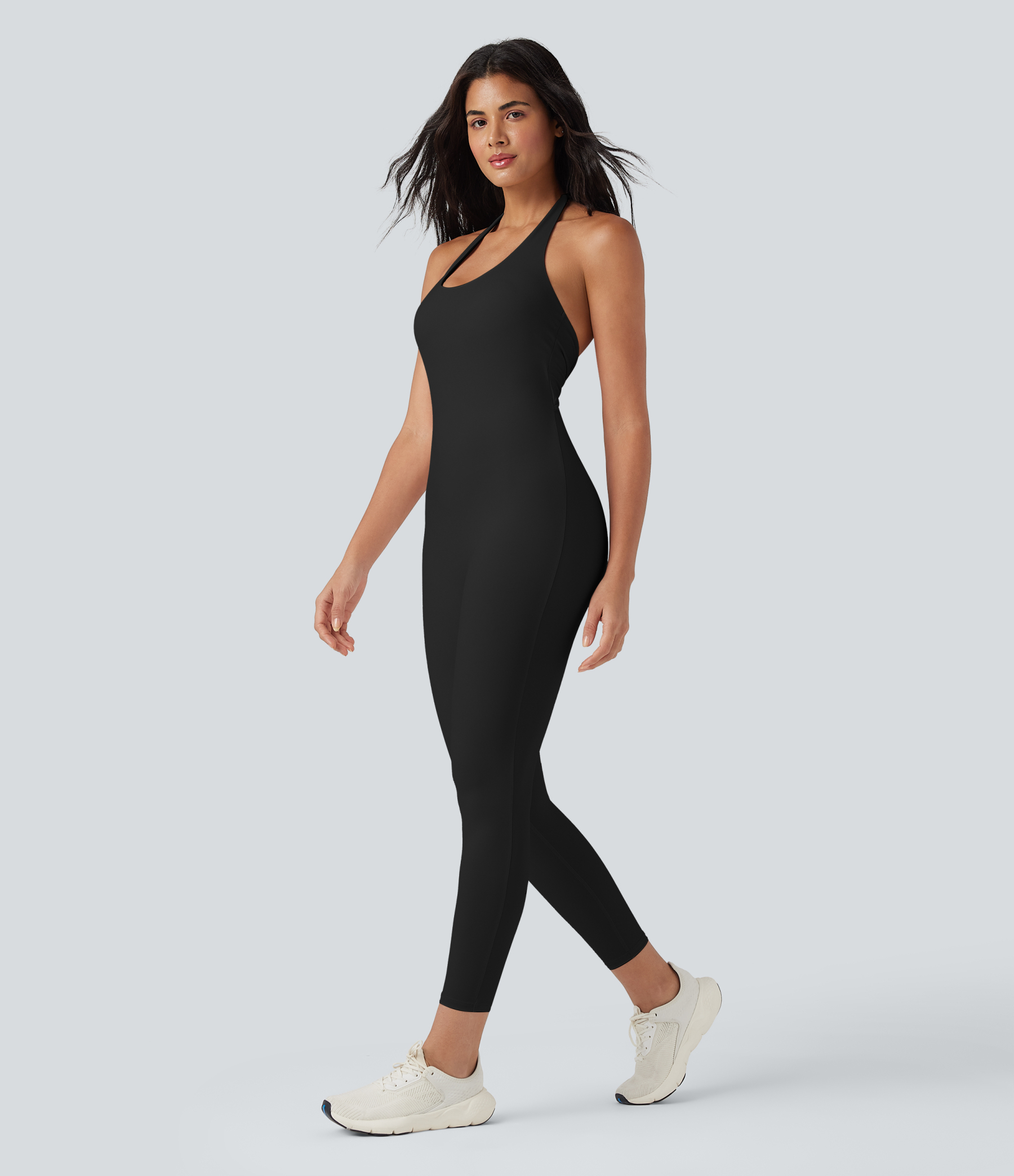 SoftlyZeroAiry Halter Tie Back Cut-out Scrunch Yoga Skinny Jumpsuit