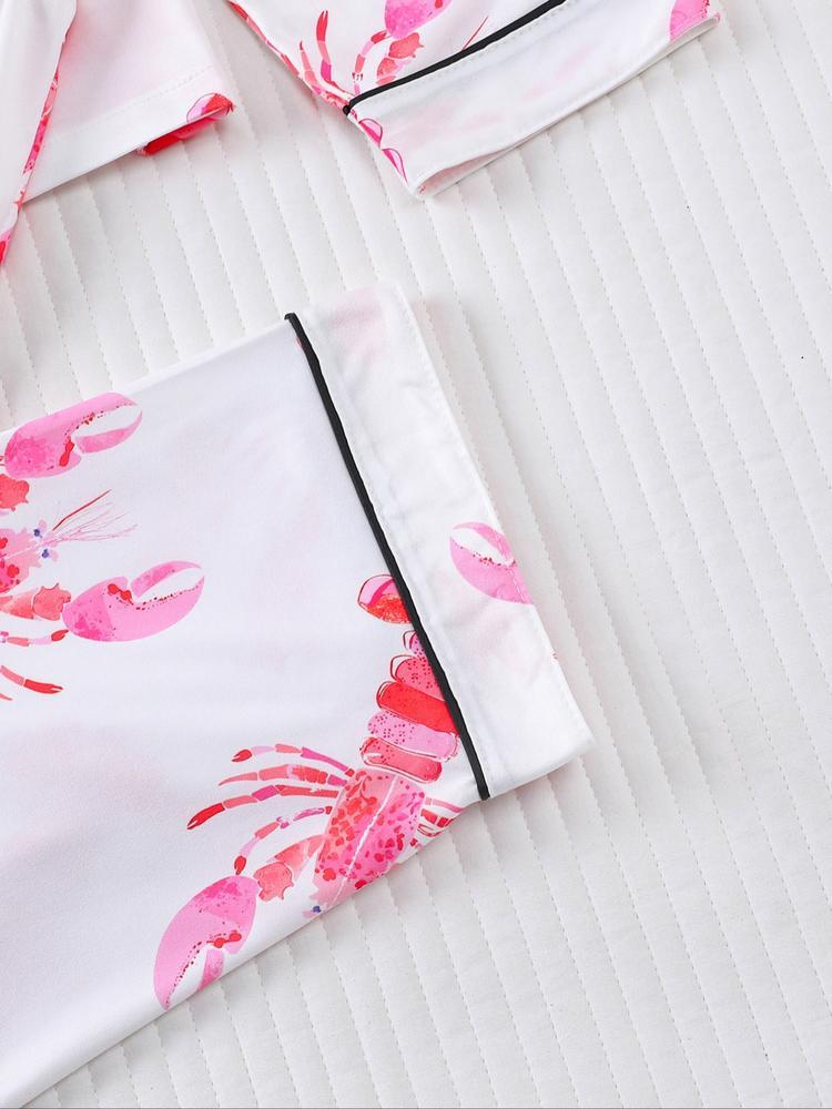 Women's 2-Piece Pajama Set, Lobster Print, Casual Loose-Fit Long Sleeve Top & Elastic Pants, Soft Comfortable Sleepwear Loungewear for Fall Winter