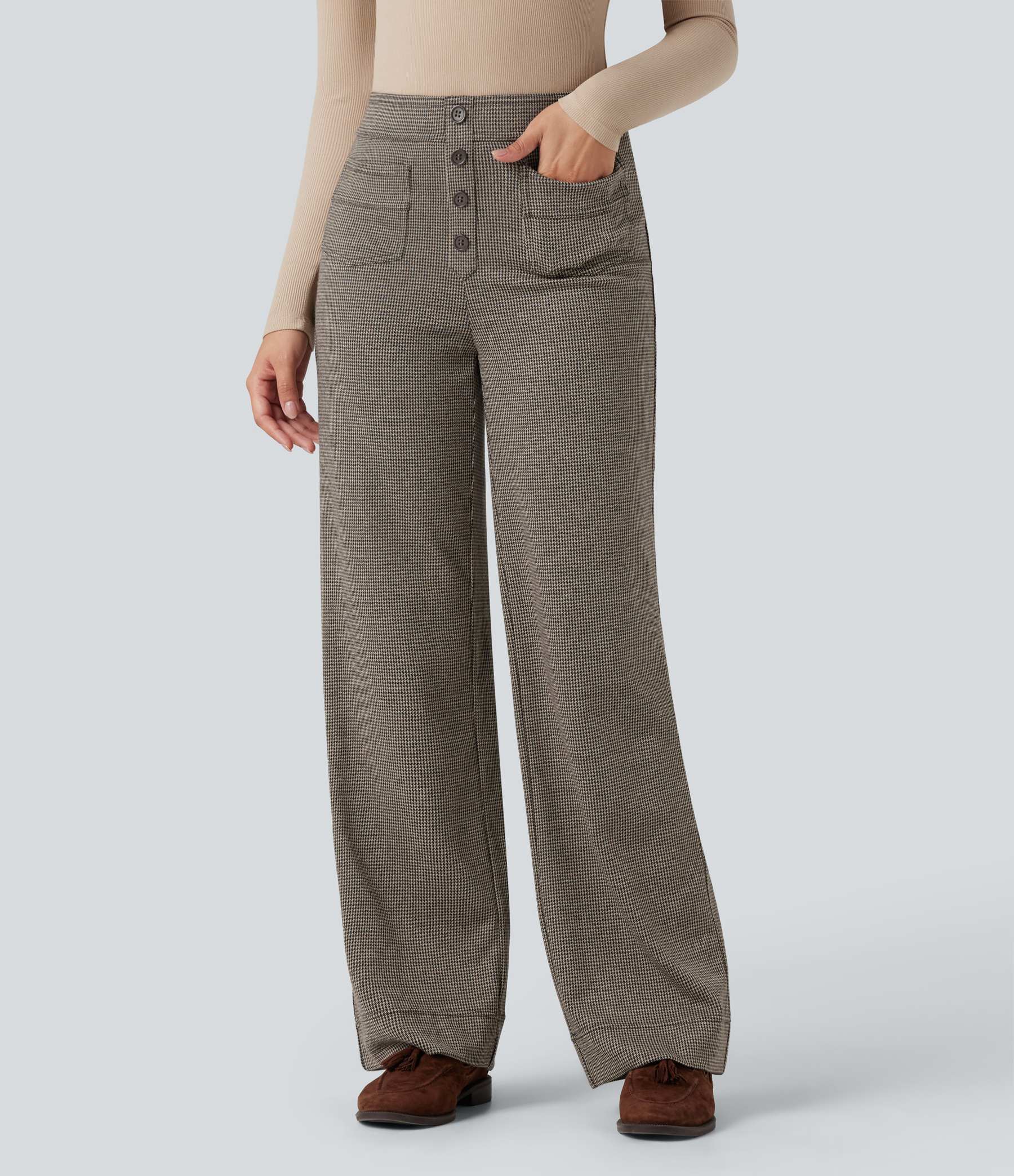 FlexHigh Waisted Houndstooth Straight Leg Work Pants with Pockets