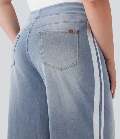 Plus Size FlexHigh Waisted Stripe Wide Leg Flowy Washed Casual Jeans with Pockets