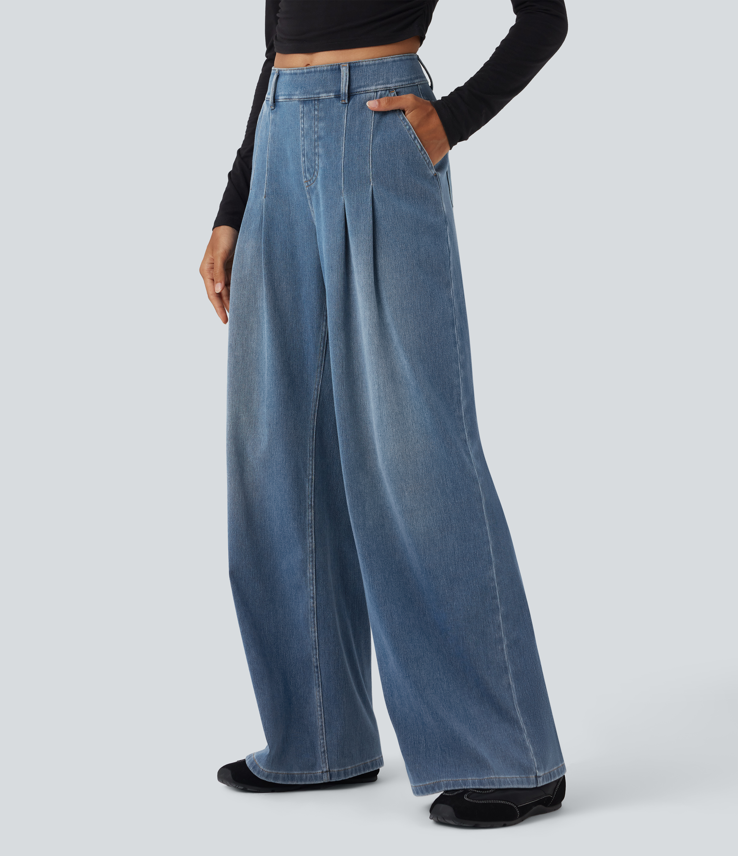 FlexMid Rise Wide Leg Casual Jeans with Pockets