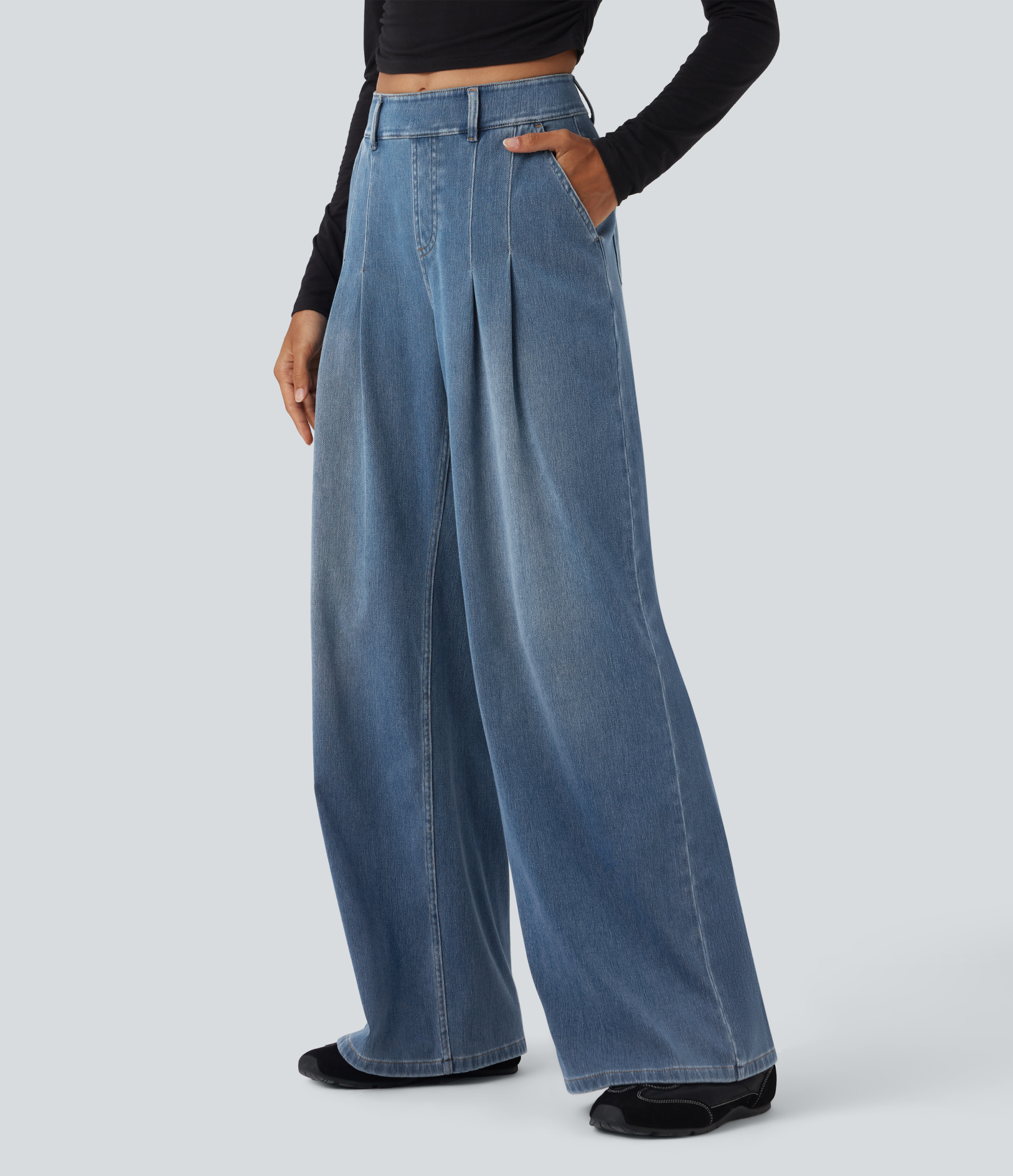 FlexMid Rise Wide Leg Casual Jeans with Pockets