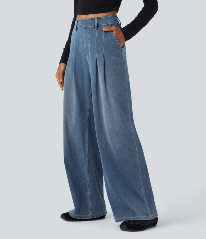 FlexMid Rise Wide Leg Casual Jeans with Pockets