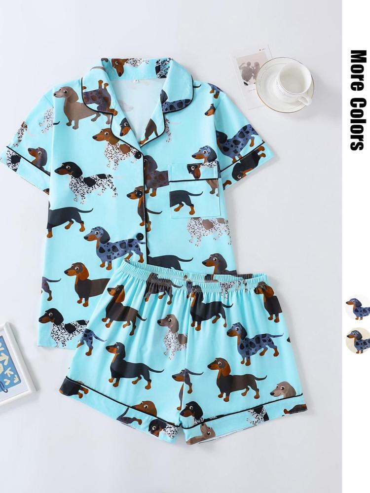 Women's Cartoon Dog Print Short Sleeve Matching Pajamas Two-piece Set, Casual Comfy Lapel Neck Button Design Pj Set for Daily Home Wear, Ladies Sleepwear for All Seasons, Loungewear,  Womenswear, Pastel Cute Pajamas, Breathable Stylish Pajama