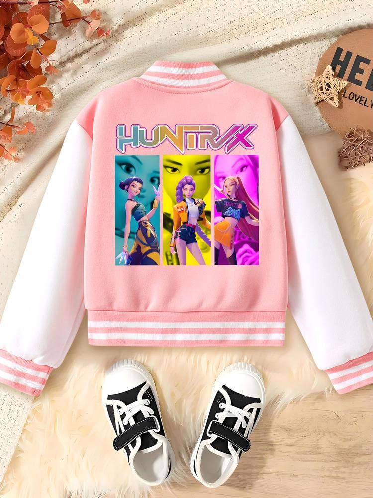 Girls' Halloween Christmas Short Baseball Jacket Coat, Casual Comfy Jacket, Casual Sports School Uniform, Elastic Fabric, Youth Fashion Outerwear