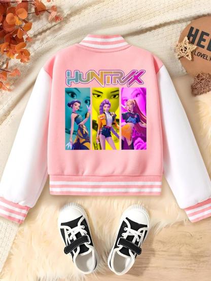 Girls' Halloween Christmas Short Baseball Jacket Coat, Casual Comfy Jacket, Casual Sports School Uniform, Elastic Fabric, Youth Fashion Outerwear