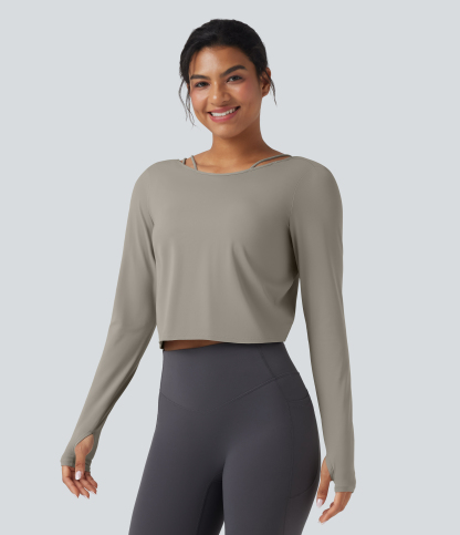 SoftlyZeroQuickDry Backless Twist-back Long Sleeve Thumb Holes 2-in-1 Yoga Sports Top