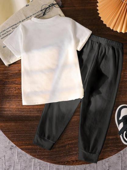Girls' Kpop Print Short Sleeve T-Shirt & Pants Set, Casual Fashion for Spring & Fall, Comfortable Moderate Fabric, Fitted Style